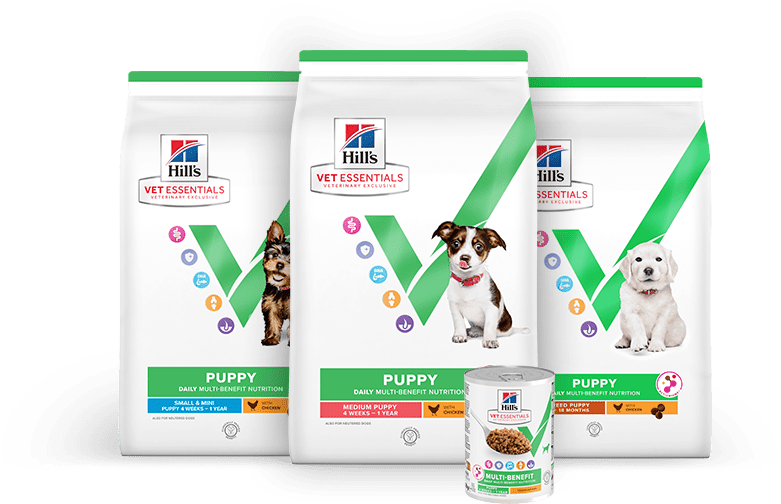 Tre påsar Hill's Vet Essentials torrfoder för valpar